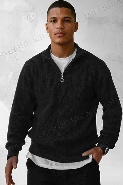 Millionaire Men's Black Zippered Turtleneck Winter Knitwear Sweater