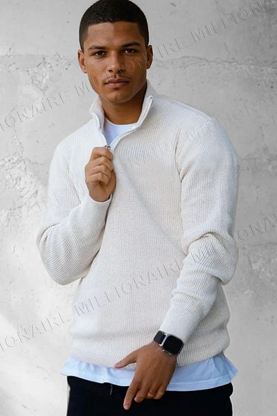 Millionaire Men's Ecru White Zippered Turtleneck Winter Knitwear Sweater