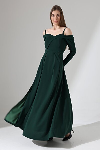 Deafox Σμαραγδένιο Πράσινο Λεπτό λουράκι με μακρυμάνικο σκίσιμο λεπτομέρεια Maxi μήκος Εισαγόμενο φόρεμα από ύφασμα κρεπ