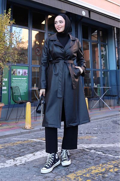 ALNİSS COLLECTİON Μακριά δερμάτινη καμπαρντίνα με επένδυση με ζώνη