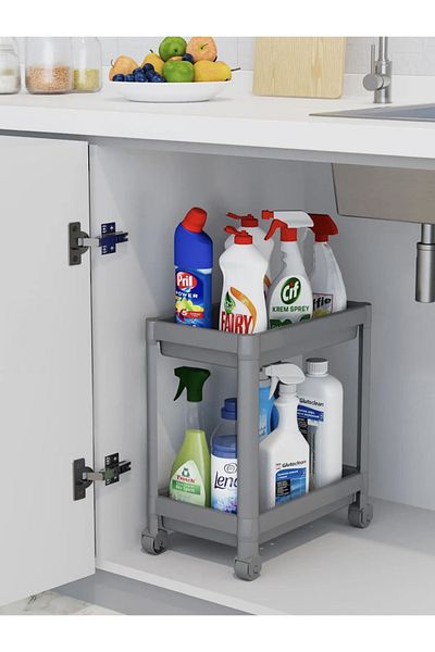 linmetal 2-Tier Organizer Shelf with Wheels, Kitchen Counter, under Sink and Detergent Holder