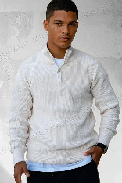 Millionaire Men's Ecru White Zippered Turtleneck Winter Knitwear Sweater