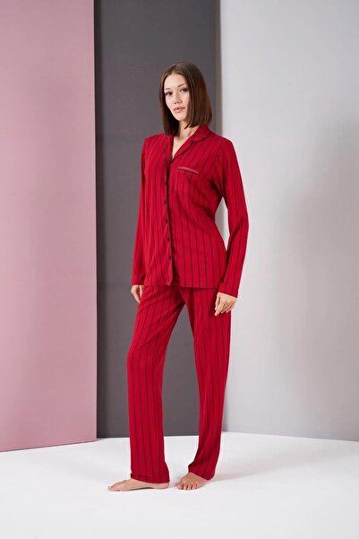 PJS 26003 Kadın Boydan Patlı Düğmeli Balık Sırtı Çizgili Uzun Kol Pijama Takımı