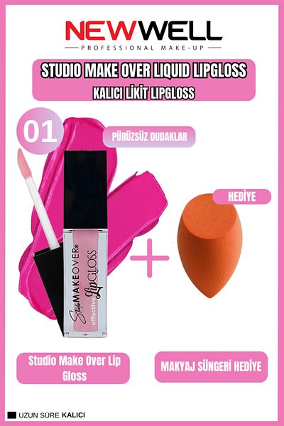 New Well Newwell Make Over Studio Lip Gloss 01 & Makeup Sponge Gift