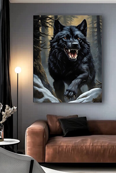 özkacar SİYAH SALDIRAN KURT MHP KANVAS TABLO EV DUVAR SALON OFİS DÜKKAN HEDİY...