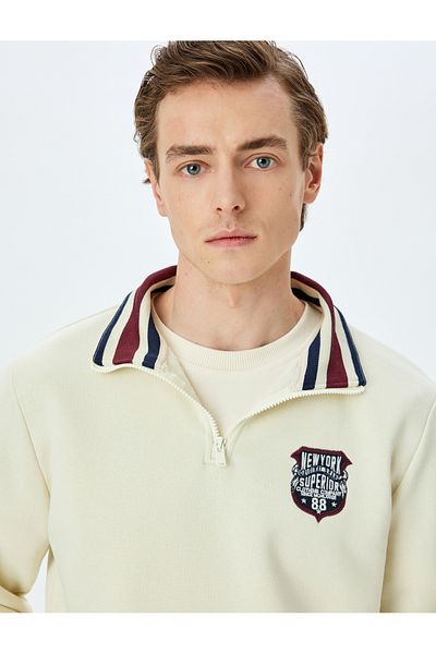 Koton New Season Printed Cotton Blend Collar Detailed Hooded Half Zipper Sweatshirt