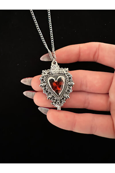 DarkellaStore القوطية القوطية الفيكتوري الأحمر تعكس قلادة القلب المعدنية