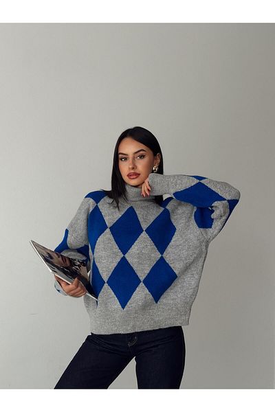mydukkan.co Pulover albastru cu gât cu model diamant