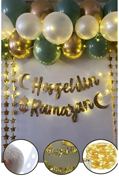 Çemrek Süs Parti مجموعة زينة ترحيب رمضان باللون الذهبي والكروم الأخضر مكونة من 33 قطعة من لافتة LED الخلفية المرصعة بالنجوم