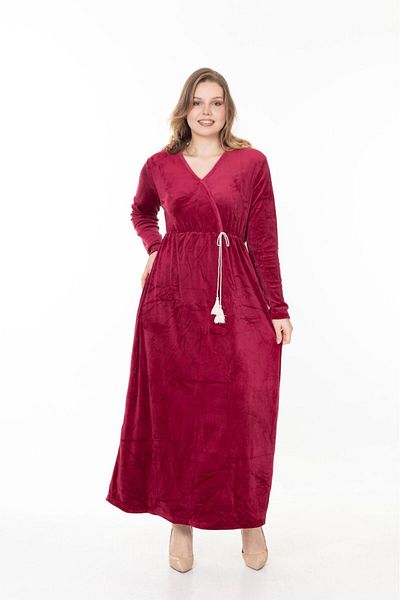 mervemoda Rochie lungă de catifea cu guler dublu gri pentru femei