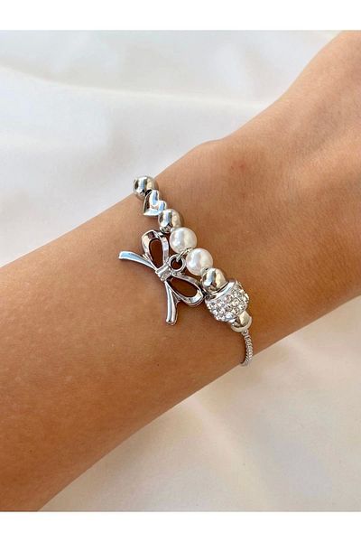 Eylülün Takısı Women's Silver Color Pearl Bow Multiple Charm Bracelet