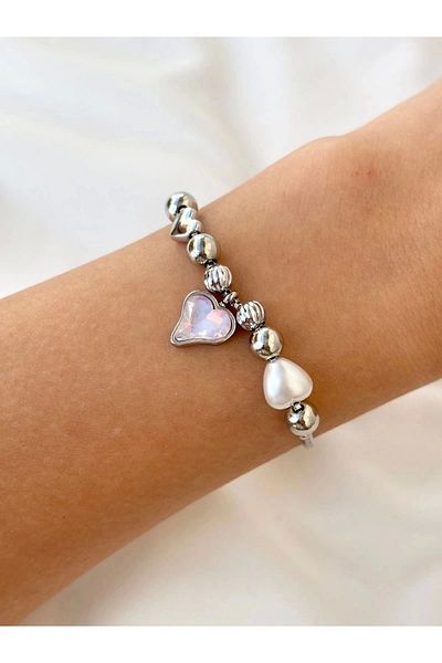 Eylülün Takısı Women's Silver Color Pink Stone Heart Model Multiple Charm Bracelet