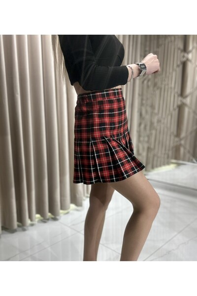 Kaleiçi Yıldızlar Pileli Ekoseli Etek 991