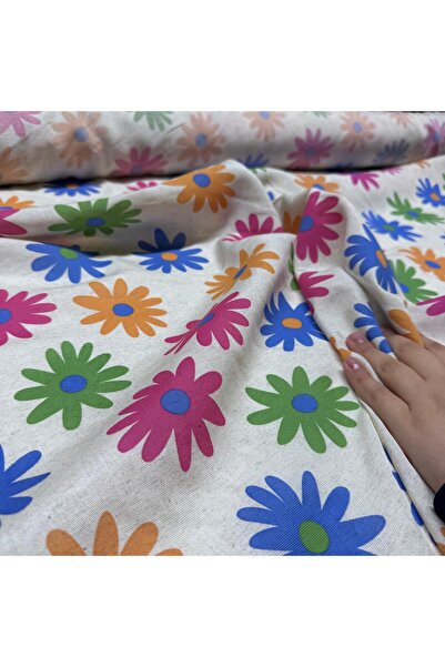 Yaren Ülker Akdeniz Keten Kumaş Çift En Renkli Papatya Desenli %100 Pamuk