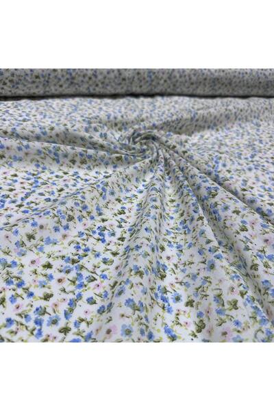 Yaren Ülker Vual Viskon Kumaş Çift En %100 Pamuk Çiçek Desen Mavi Pembe