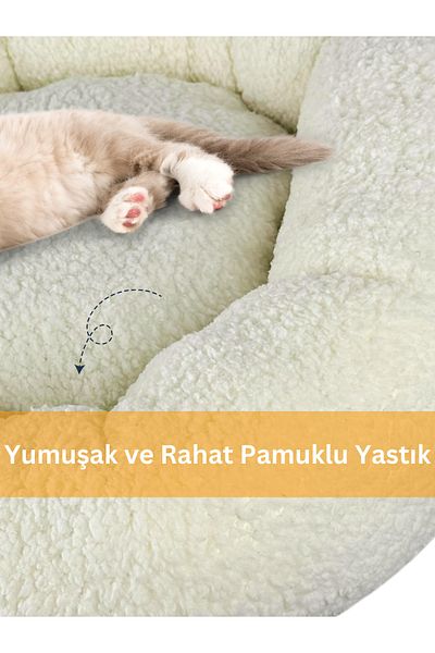 BEYLİNİ Cat Dog Bed with Plush Fabric - Comfortable Play Sleeping Space with Cushions, Cream 50X50