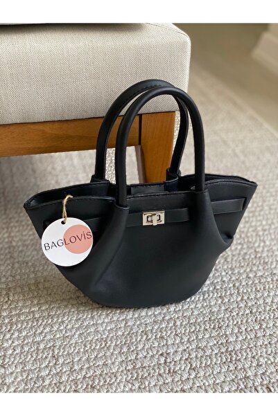 BAGLOVİS Mini Size Black Women's Shoulder Bag with Front Lock Detail