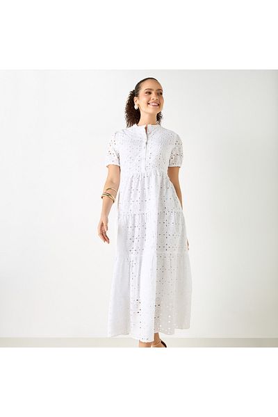 Lee Cooper All-over Schiffili Embroidered Dress With Puff Sleeves