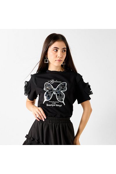 2Xtremz Butterfly Embellished T-shirt With Ruffle Detail Sleeves