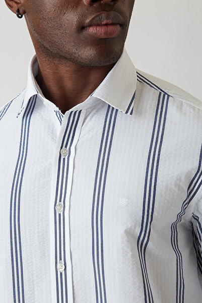 Bisse Slim Fit Uzun Kollu Lacivert Çizgili Erkek Gömlek