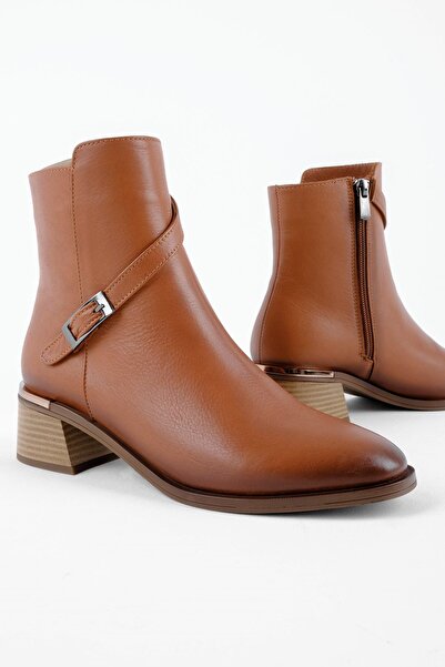 Lal Shoes & Bags Jayla Kadın Hakiki Deri Topuğu Metal Detaylı Topuklu Bot-taba