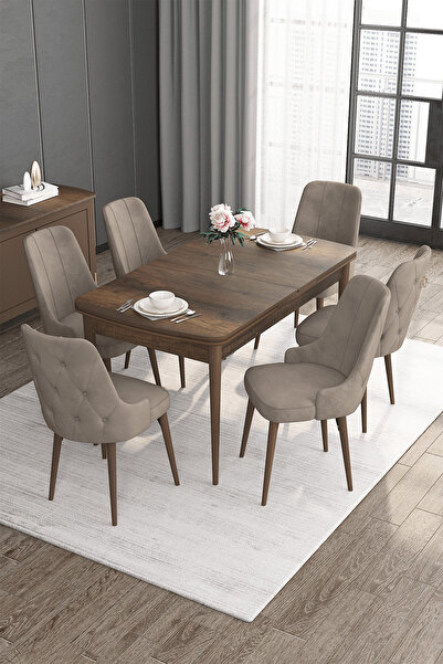 Canisa Roy Serisi 80x132 Mdf Barok Ahşap Desen Mutfak Masası Takımı 6 Cappuci...