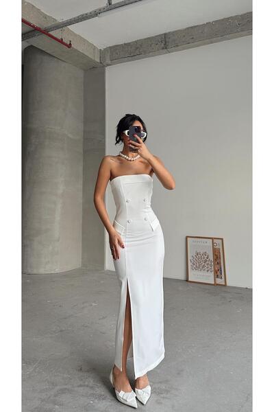 mydukkan.co فستان أبيض طويل - بولينا، مزين بأزرار