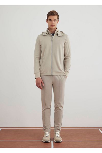 Boris Becker Stone Colored Stand Collar Hooded Logo Printed Sweat