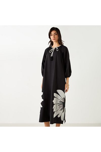 Iconic Floral Embroidered Trapeze Dress With Tie-up Neck