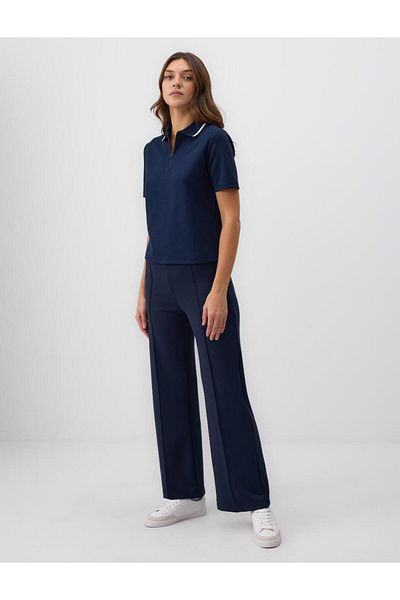 Jimmy Key Navy Blue Relaxed Fit High Waist Wide Leg Knitted Trousers
