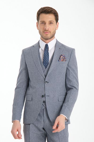 Frappoli Navy Blue Slim Fit Men's Solid Mono Neck Double Slit Lined Suit Dress