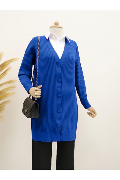 Modamorfo Ribbed Long Knitwear Cardigan - Blue, Buttoned