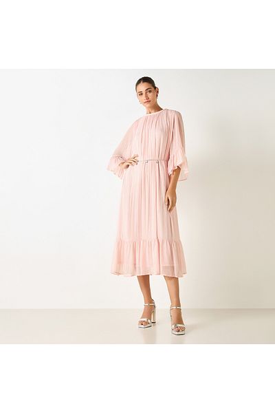Iconic Textured Midi Dress With Round Neck And 3/4 Sleeves