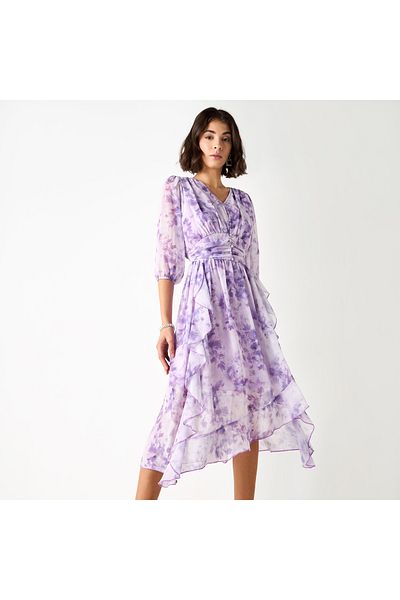 2Xtremz Floral Print Midi Ruffle Dress With Pleat Detail