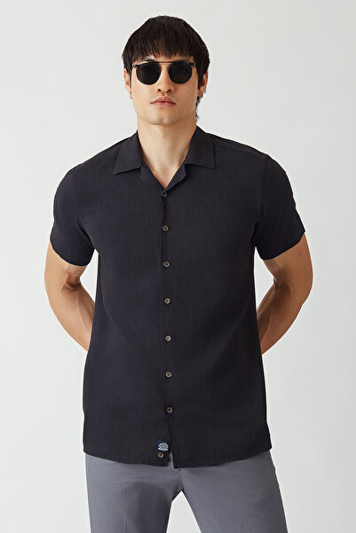Bisse Men's Regular Fit Short Sleeve Navy Blue Shirt