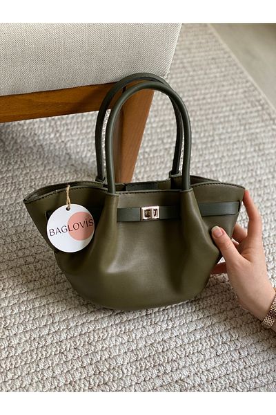 BAGLOVİS Mini Size Khaki Women's Shoulder Bag with Front Lock Detail
