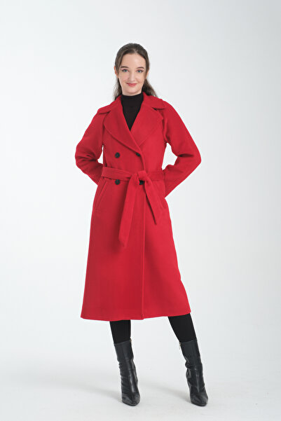 Soydan Güner Oversize Kruvaze Reglan %50 Saf Yün Ara Boy Kaban Kırmızı 1280