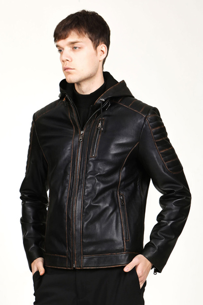 Dericlub Livorno Erkek Silme Büyük Beden Kapüşonlu Hakiki Deri Mont Siyah/taba