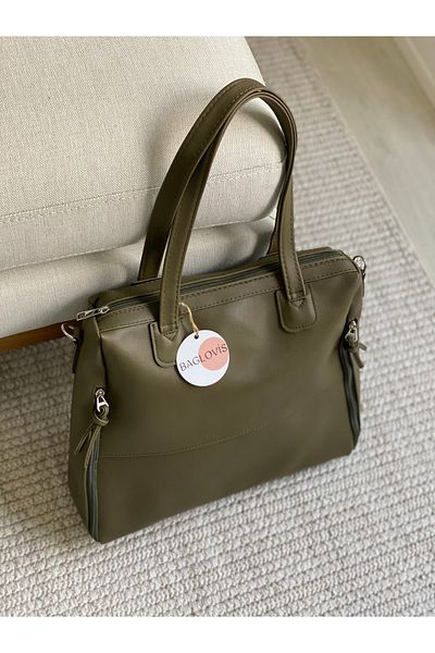 BAGLOVİS Women's Shoulder Bag with Zipper Detail Large Salaş Khaki Women Shoulder Bag