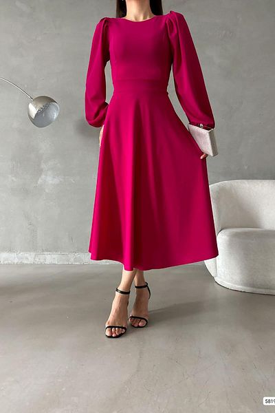 Deafox Fuchsiafarbenes Kleid mit Ballonärmeln und Rundhalsausschnitt in Midigröße aus importiertem Kreppstoff
