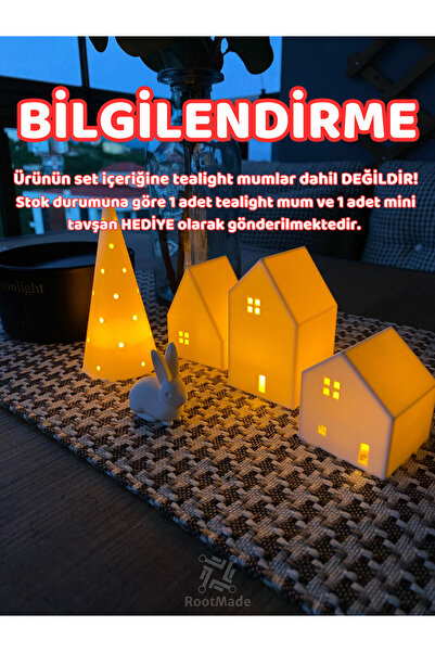 Root Made Kış Evleri 4 Parça Tealight Mumluk Noel Evleri 3 ev 1 Çam Ağacı Dekoratif Ev Biblo Yılbaşı Süsleri