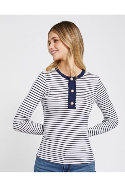 Kübra Tekstil Темно-синя смугаста блузка Nervurlu на ґудзиках верхня блузка Смугаста блузка Жіночі моделі блузок