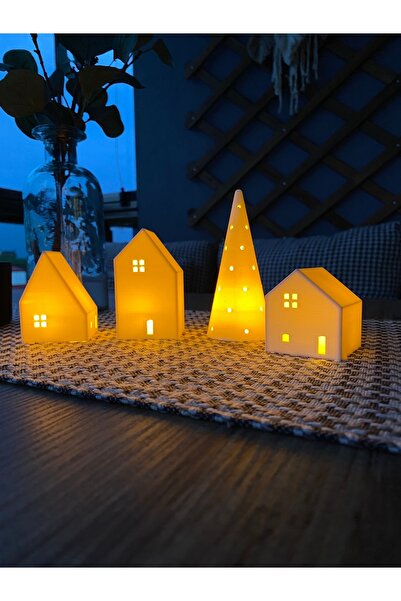 Root Made Kış Evleri 4 Parça Tealight Mumluk Noel Evleri 3 ev 1 Çam Ağacı Dekoratif Ev Biblo Yılbaşı Süsleri