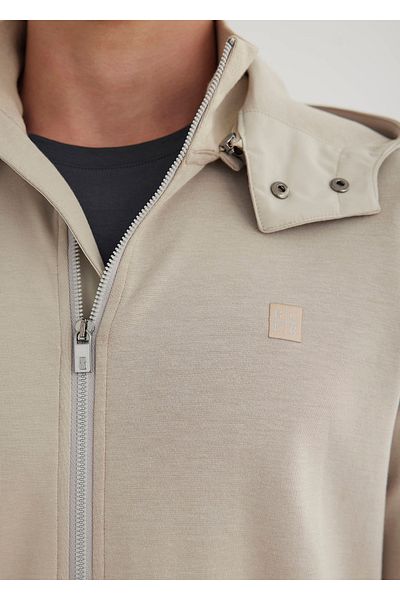 Boris Becker Stone Colored Stand Collar Hooded Logo Printed Sweat