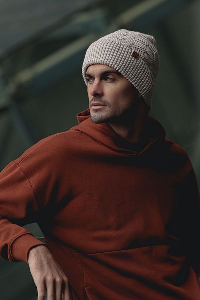 Nordbron Beige Patterned Knitwear Cotton Stretchy Cordec - Soft Beanie, Double Fold Winter