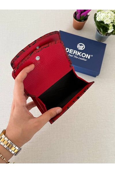 DERKON Red Melen Genuine Leather Women's Wallet with Crocodile Pattern - Size to Fit