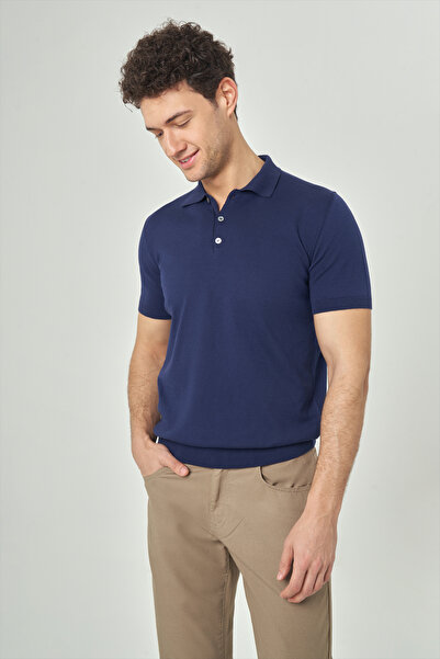 Bisse Erkek Kısa Kol Polo Yaka Düğmeli Basic Yazlık Triko T-shirt Lacivert