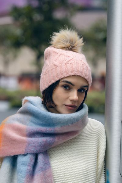 Nordbron Women's Pink Beret Knitwear Colorful Pompom Logo Detailed Soft Plain Winter Basic Nolly Patterned