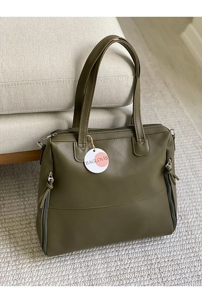 BAGLOVİS Women's Shoulder Bag with Zipper Detail Large Salaş Khaki Women Shoulder Bag