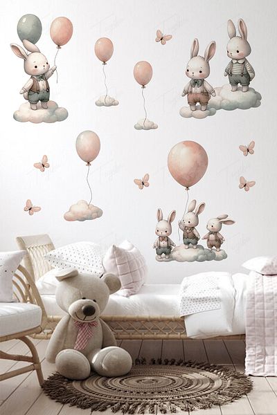 TUGİBU Cute Rabbits and Butterflies Kids Room Wall Sticker Set